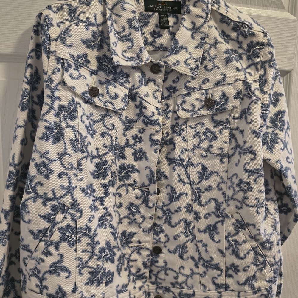 Ralph Lauren White Denim Jacket with Blue Floral Scroll